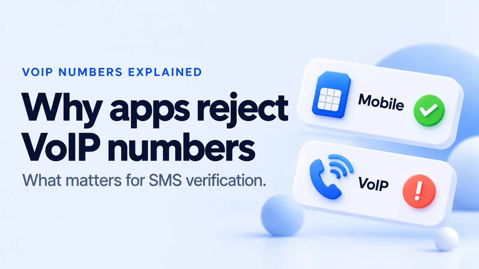 Two phone number cards: a mobile number on a SIM card with a green Code sent badge, and a VoIP number on an internet line with a red Number not supported badge, next to the headline Not every number gets the code