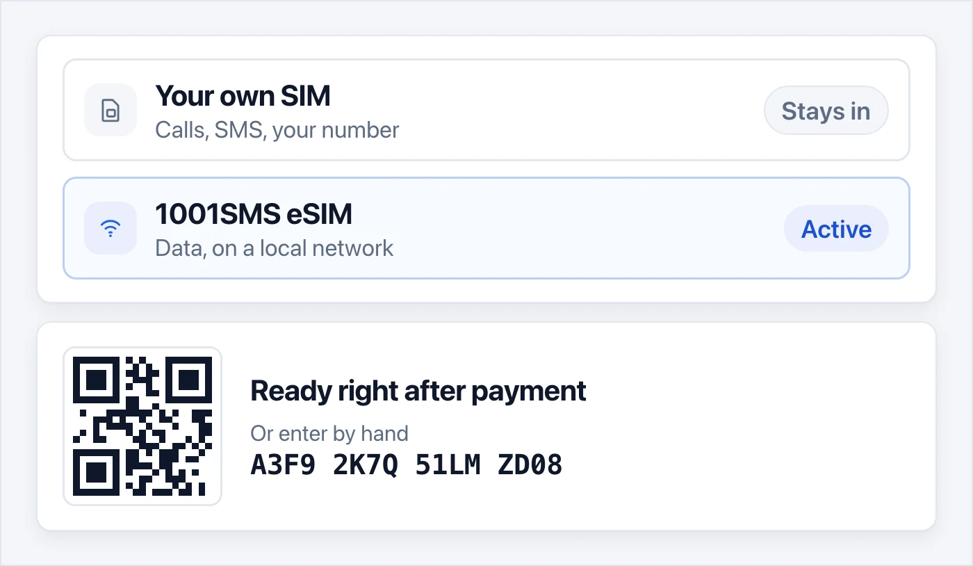 Две линии в одном телефоне — ваша SIM для звонков и SMS, активная eSIM 1001SMS для данных — над QR-кодом и ручным кодом активации, которые появляются после платежа